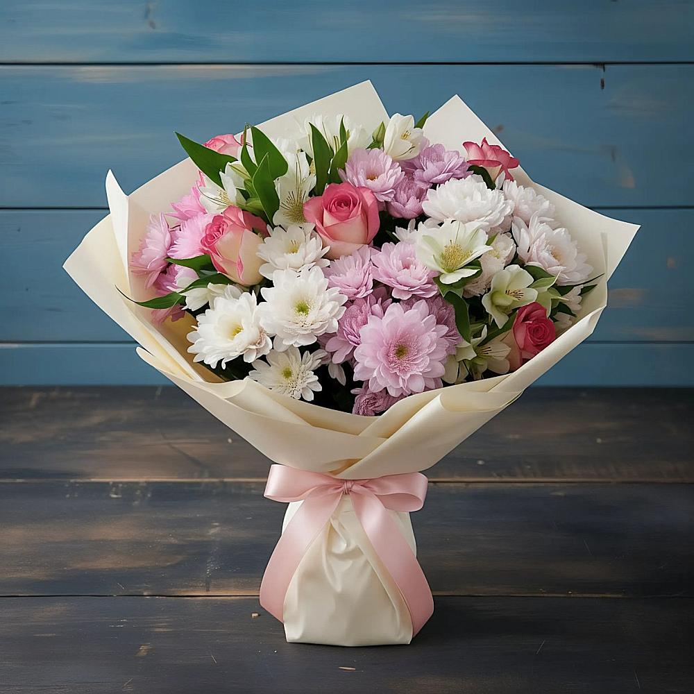 Букет цветов из: Хризантемы, Альстромерии и Розы в Алхан-Кале